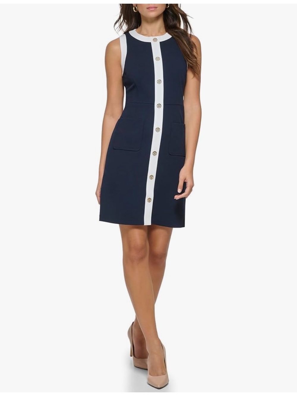 Tommy Hilfiger Navy and White Button-Front Sleeveless Shift Dress
